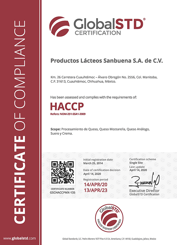 Certificado Global STD HACCP SYSTEM CERTIFIED of Compliance Certificado Global STD HACCP SYSTEM CERTIFIED of Compliance