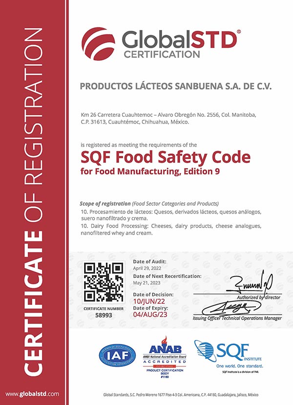 Global STD Certification PRODUCTOS LÁCTEOS SANBUENA S.A. DE C.V.